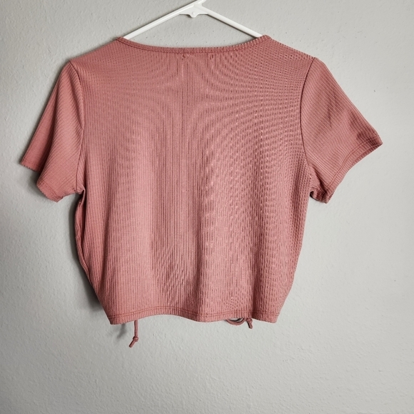 Heart Lips Womens Rose Pink Surplice Ruched Tie Bottom Ribbed Crop Top-Size L - Picture 4 of 5